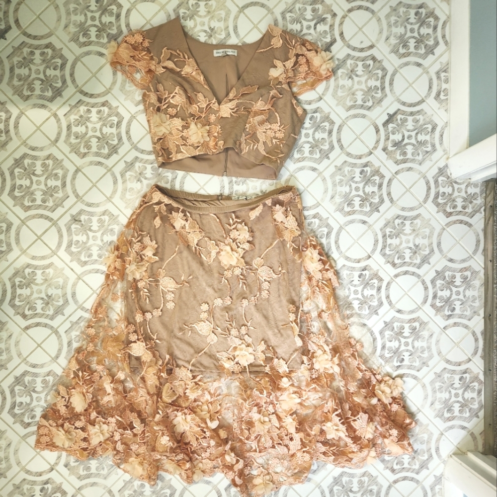 Dress the Population Juliana Crop Dress Embroidered 3D Floral Lace Formal
